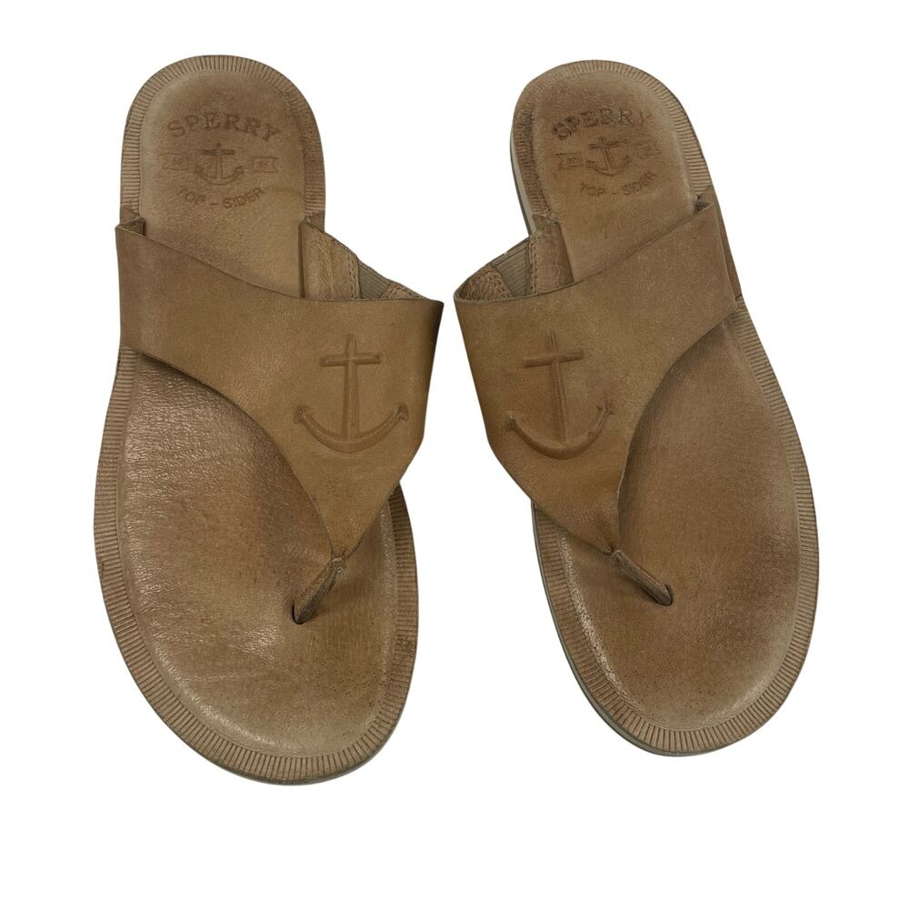 Sperry Top Sider Seaport Anchor Print Leather Thong Sandals Womens 10 AS IS